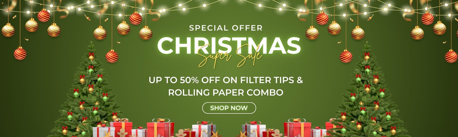 Green Gold and Red Traditional Christmas Sale Banner Landscape (1000 x 300 mm)