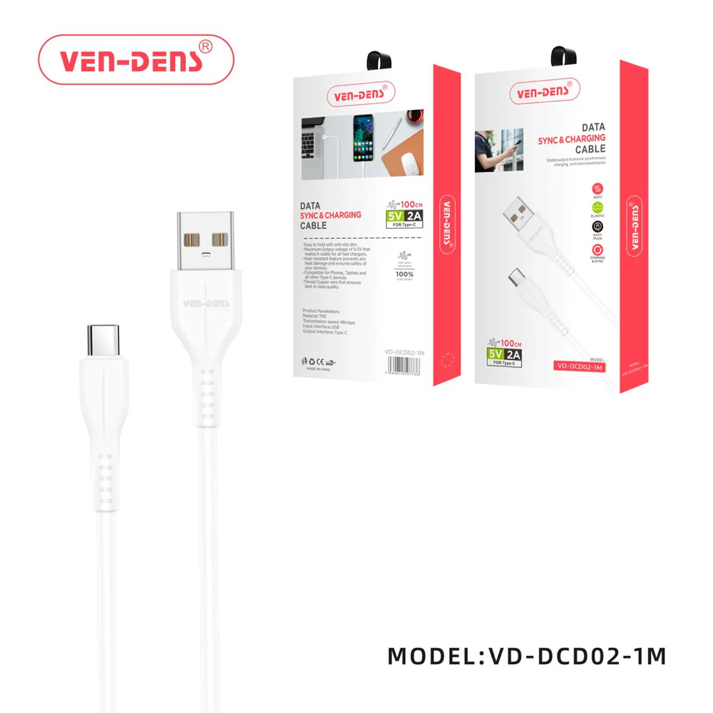 Ven Dens-USB to Type C Charging Cable 2A White 1m (DCD02-1M) x 1pc