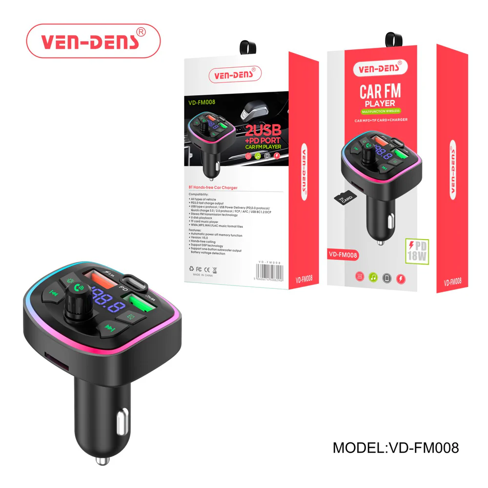 Ven Dens Car Charger & FM Player with 2 USB Port+PD 18W (FM008) x 1pc